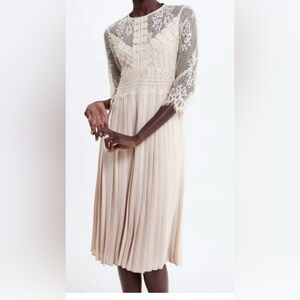 Zara Lace Contrast Pleated Midi Dress Beige 3/4 Sleeve Size Small